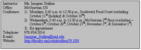 Text Box: Instructor:	Ms. Imogene Stulken  Office:		McGauvran 358  Conference:	1) 	Mondays, 8:45 a.m. to 12:30 p.m., Southwick Food Court (excluding  			October 11th [holiday] & October 18th)  	2) 	Wednesdays, 8:45 a.m. to 12:30 p.m., McGauvran 2nd floor (excluding – 			October 6th, October 20th, October 27th, November 3rd, & December 1st)  	3)	By appointment  Telephone:	978-934-5014  E-mail:		Imogene_Stulken@uml.edu  Website:	http://faculty.uml.edu/istulken/59.109/