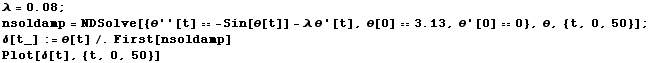 RowBox[{RowBox[{λ, =, 0.08}], ;}] RowBox[{RowBox[{nsoldamp, =, RowBox[{NDSolve, [, RowBox ...  ,, {t, 0, 50}}], ]}]}], ;}] δ[t_] := θ[t]/.First[nsoldamp] Plot[δ[t], {t, 0, 50}] 