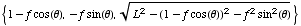 {1 - f cos(θ), -f sin(θ), (L^2 - (1 - f cos(θ))^2 - f^2 sin^2(θ))^(1/2)}