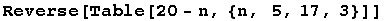 Reverse[Table[20 - n, {n, 5, 17, 3}]]