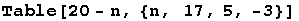 Table[20 - n, {n, 17, 5, -3}]