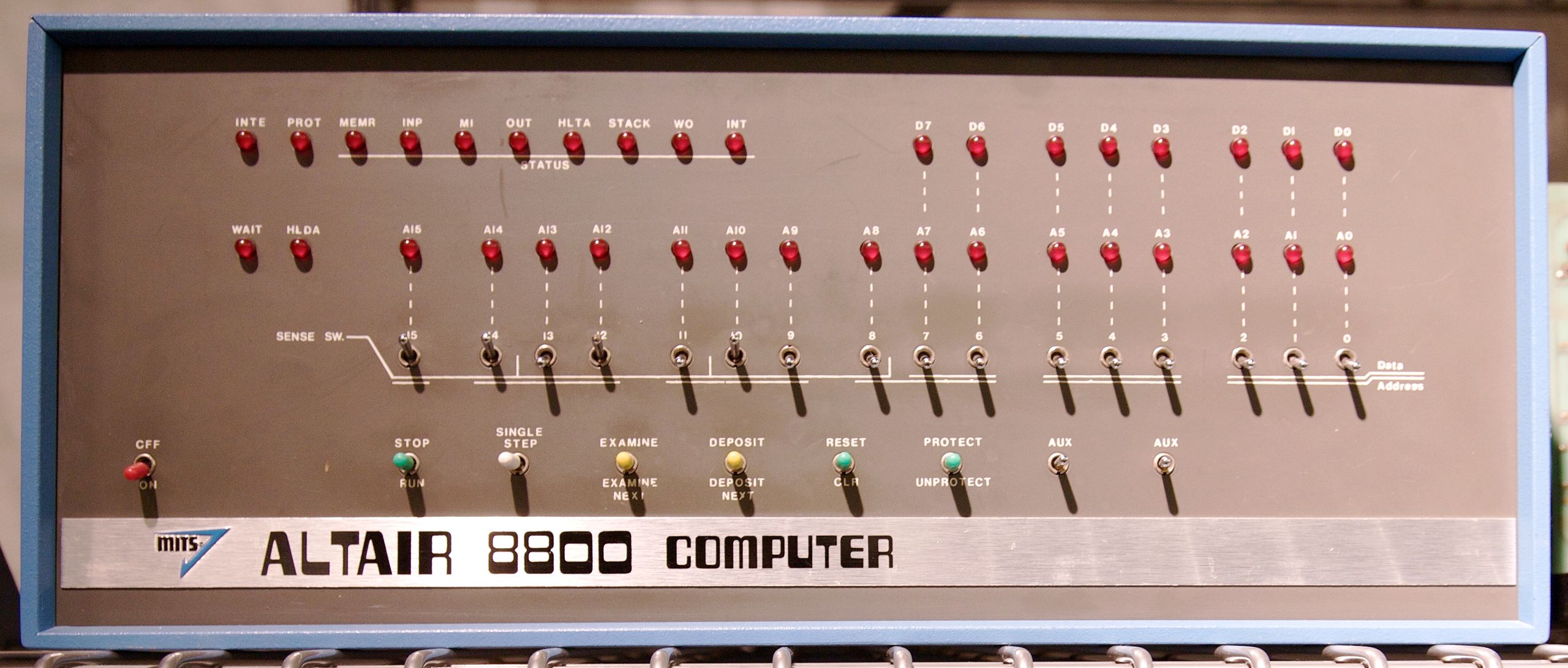 Image of an Altair computer from https://en.wikipedia.org/wiki/Altair_8800#/media/File:Altair_8800_at_the_Computer_History_Museum,_cropped.jpg at the Computer History Museum
