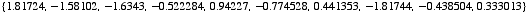 {1.81724, -1.58102, -1.6343, -0.522284, 0.94227, -0.774528, 0.441353, -1.81744, -0.438504, 0.333013}