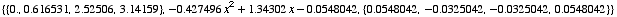 {{0., 0.616531, 2.52506, 3.14159}, -0.427496 x^2 + 1.34302 x - 0.0548042, {0.0548042, -0.0325042, -0.0325042, 0.0548042}}
