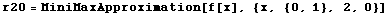 r20 = MiniMaxApproximation[f[x], {x, {0, 1}, 2, 0}]